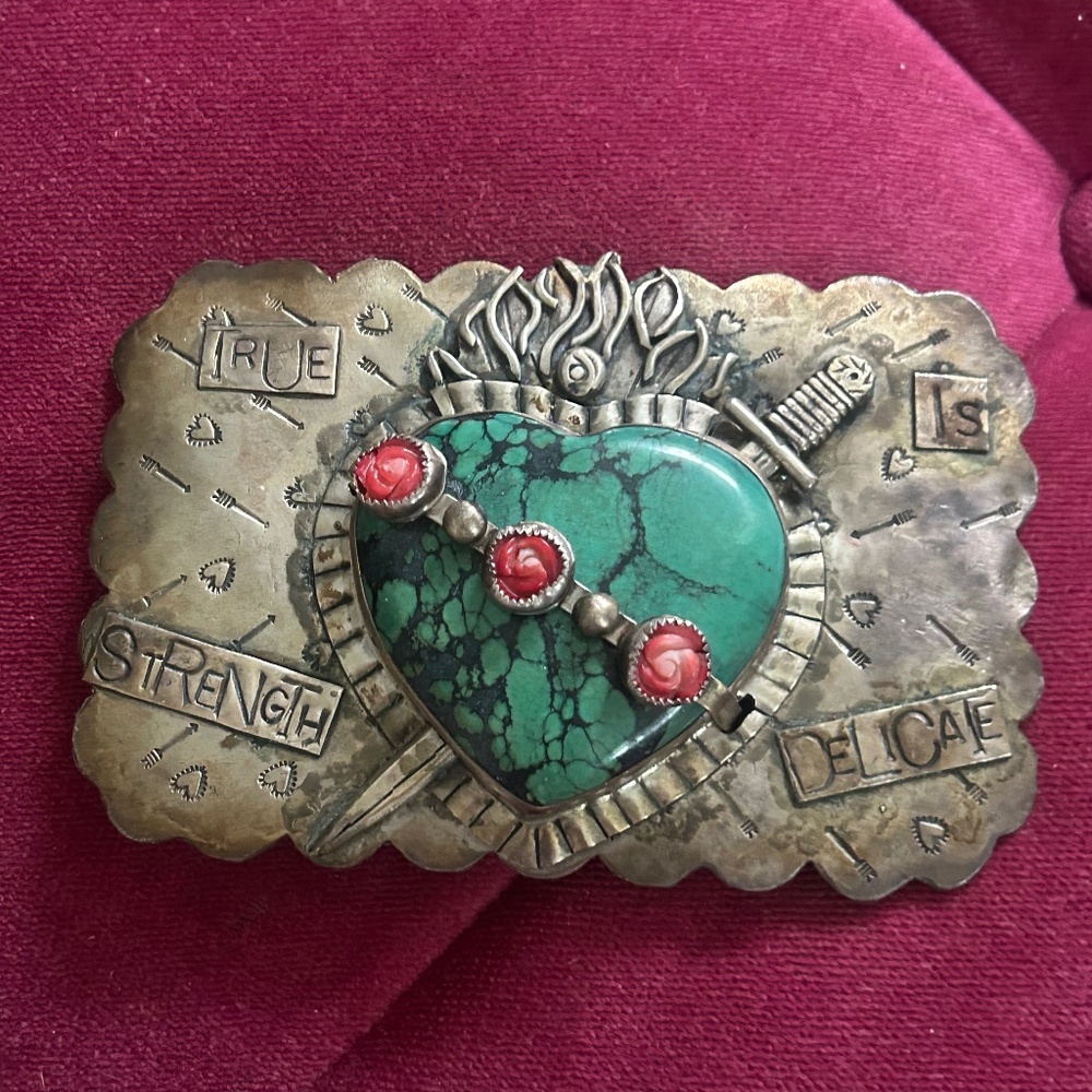 Sweetbird Studio “True Strength Is Delicate” Silver Turquoise Belt Buckle
